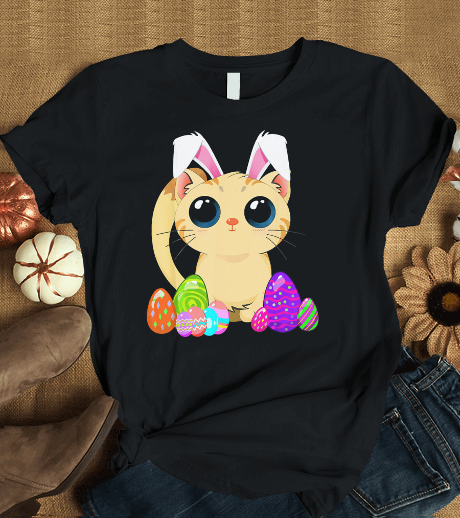 Cute Easter Cat Holiday Bunny Ears with Colorful Eggs T-Shirt
