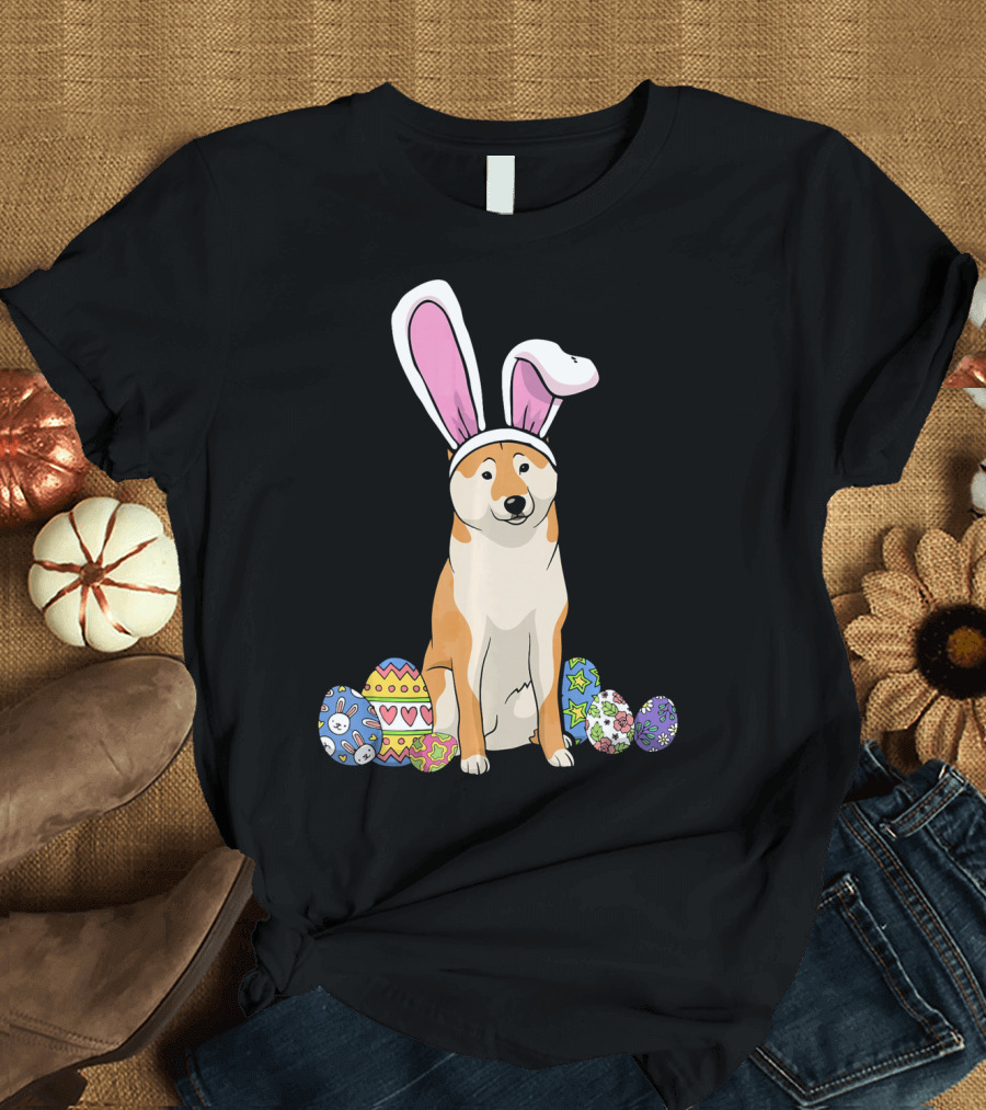 Shiba Inu with Bunny Ears and Colorful Easter Eggs T-Shirt