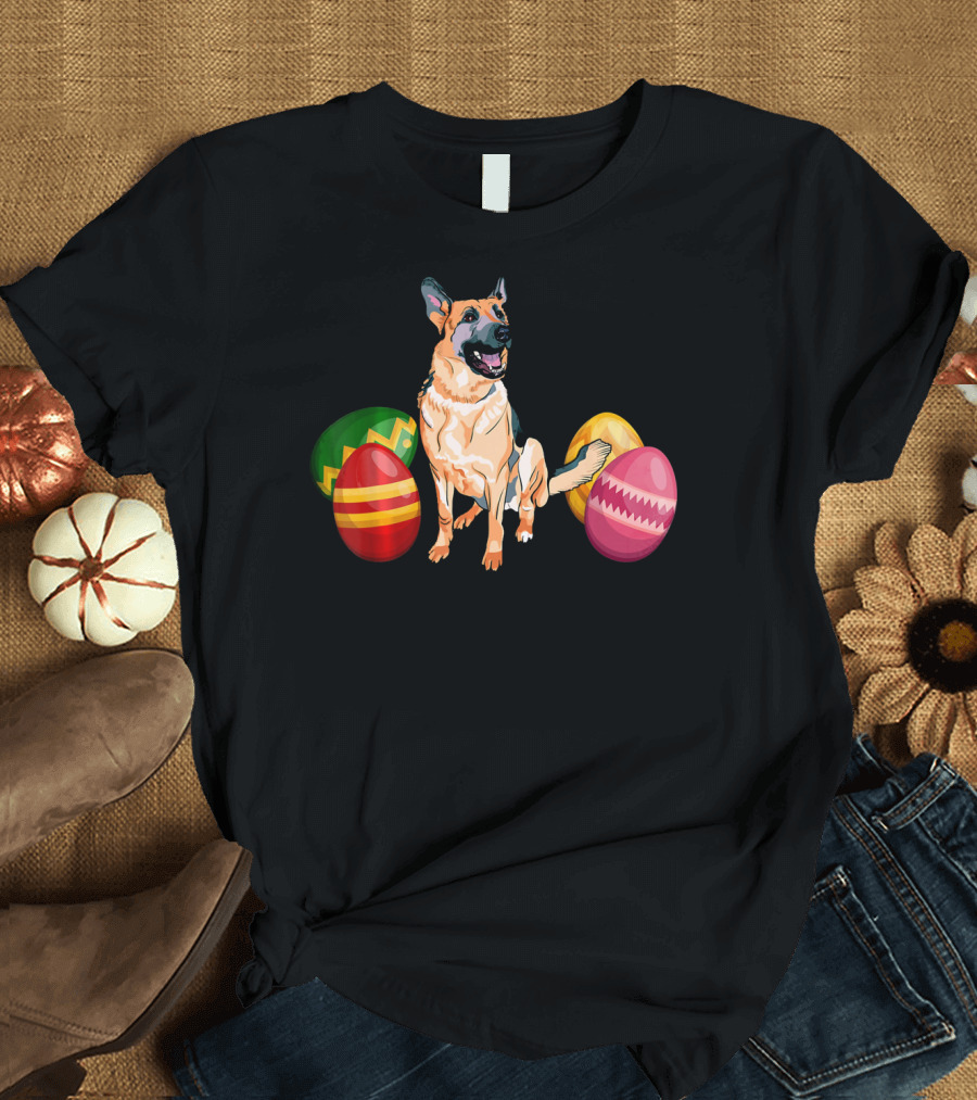 Funny Easter German Shepherd with Colorful Eggs T-Shirt