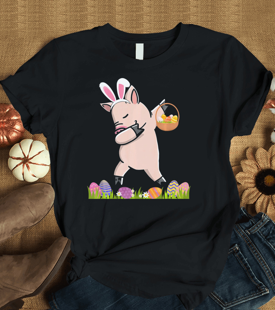 Dabbing Mini Pig with Easter Basket and Colorful Eggs Happy Easter Day T-Shirt