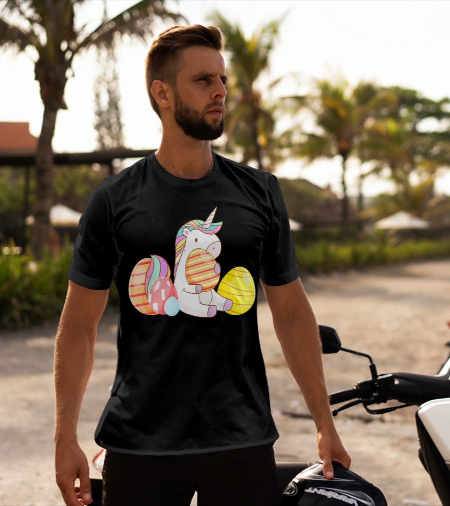 Unicorn Bunny Hugging Colorful Easter Eggs T-Shirt