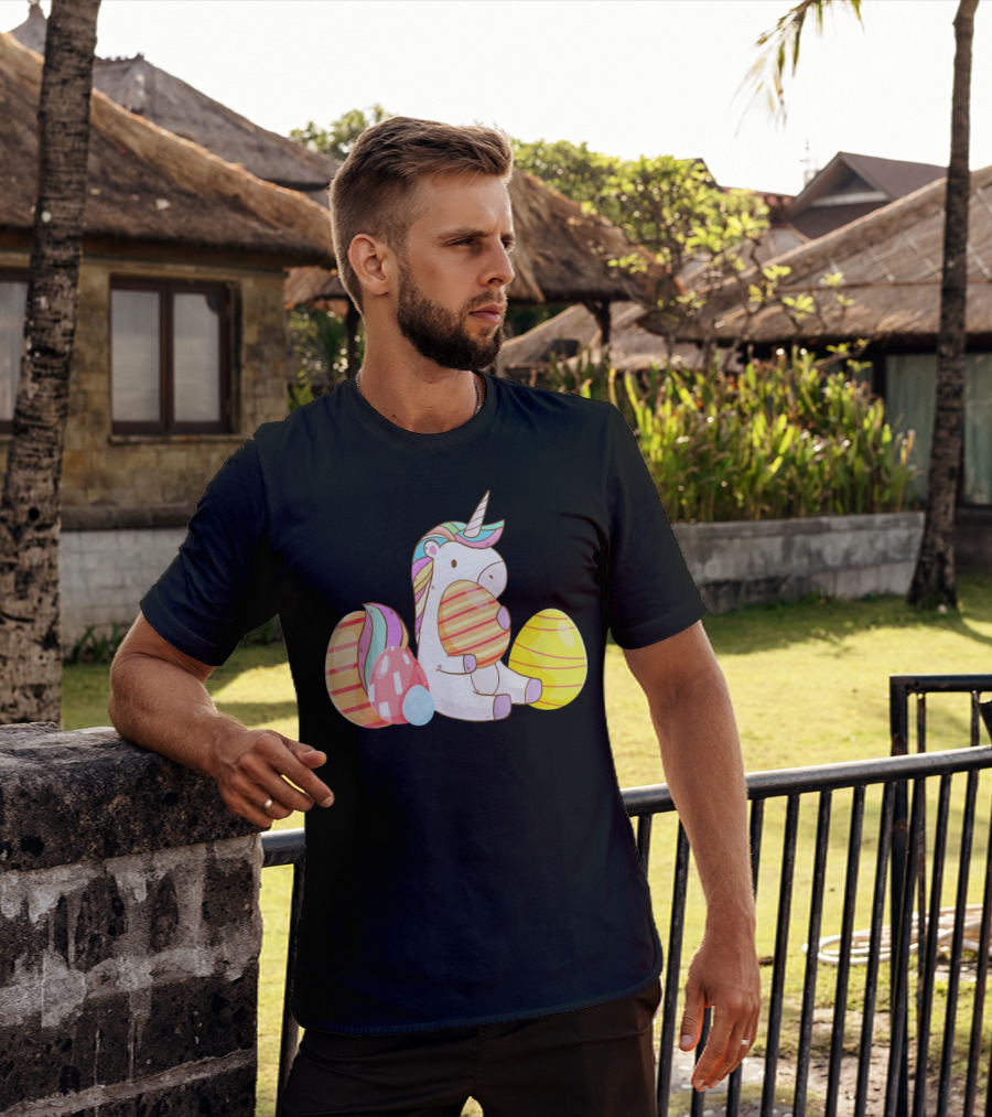 Unicorn Bunny Hugging Colorful Easter Eggs T-Shirt