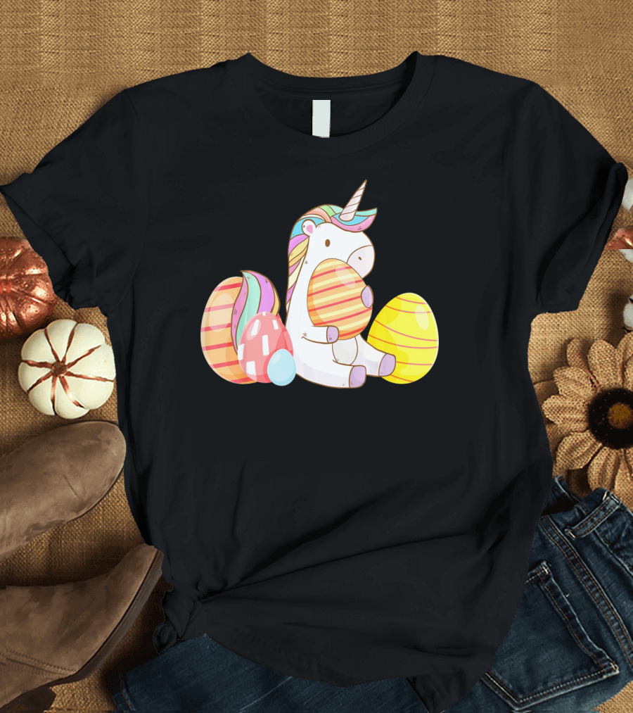 Unicorn Bunny Hugging Colorful Easter Eggs T-Shirt