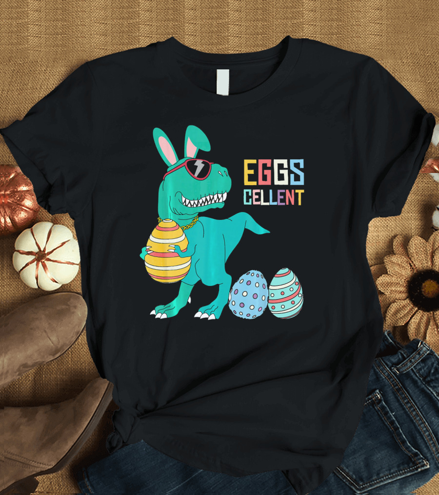 Easter Dinosaur Eggs Cellent T-Rex with Sunglasses and Striped Polka Dot Eggs T-Shirt