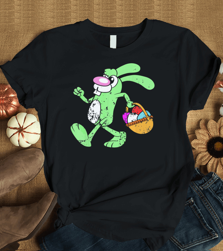 Retro Vintage Grunge Easter Bunny with Colorful Egg Basket T-Shirt