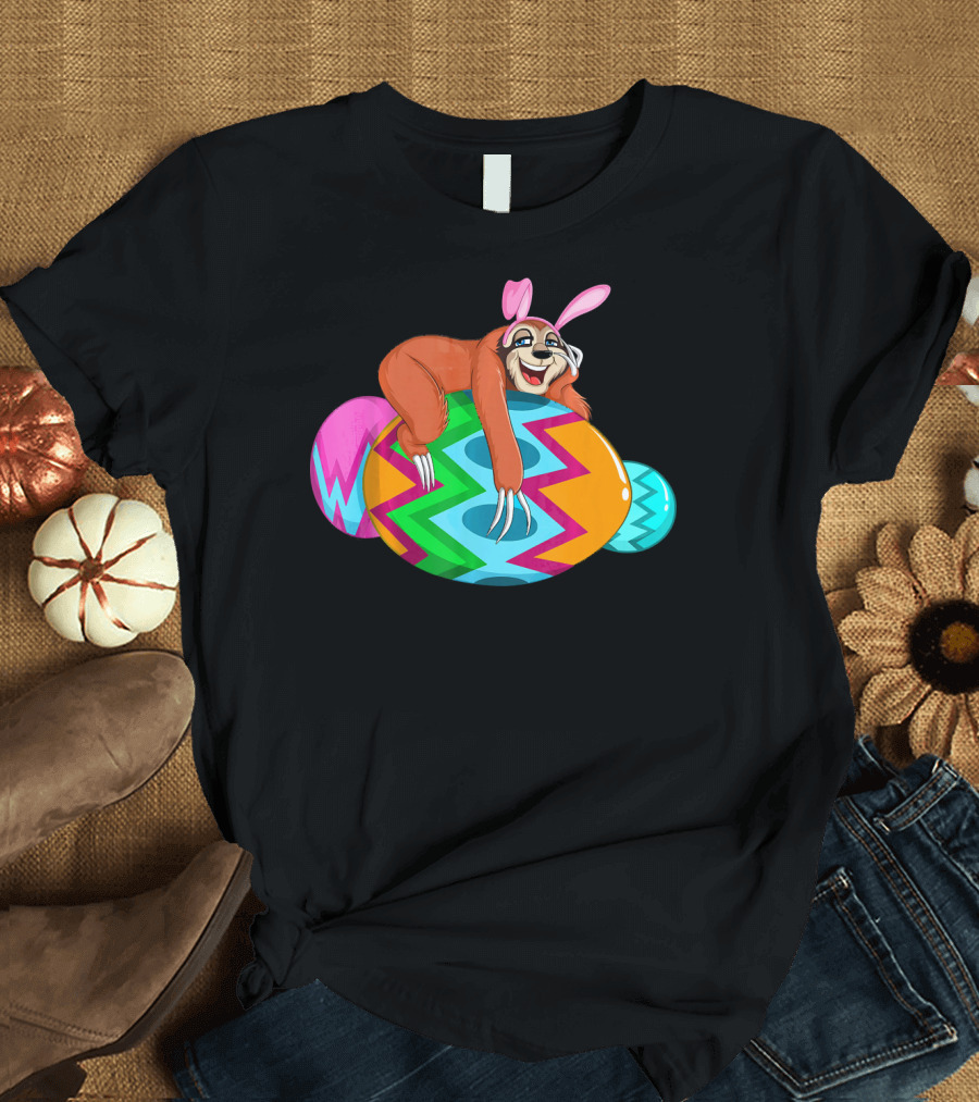 Cool Lazy Sloth Bunny on Colorful Easter Egg Hunt T-Shirt