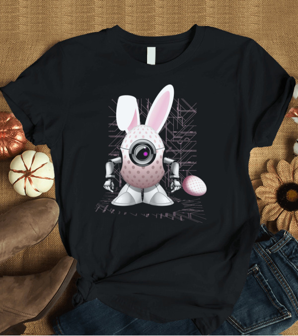 T-Shirt: Happy Easter Bunny Robot Egg with Camera Eye and Circuit Background T-Shirt Happy Easter Bunny Robot Egg with Camera Eye and Circuit Background T-Shirt
