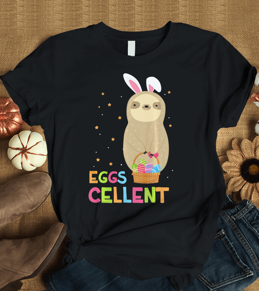 Sloth in Bunny Ears Holding Easter Eggs Cellent Basket T-Shirt