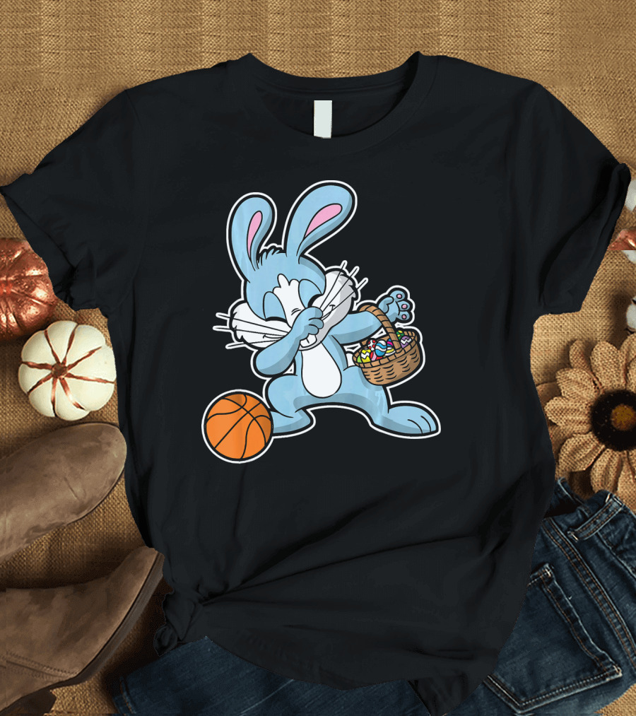 Dabbing Easter Bunny with Basketball and Basket of Eggs T-Shirt
