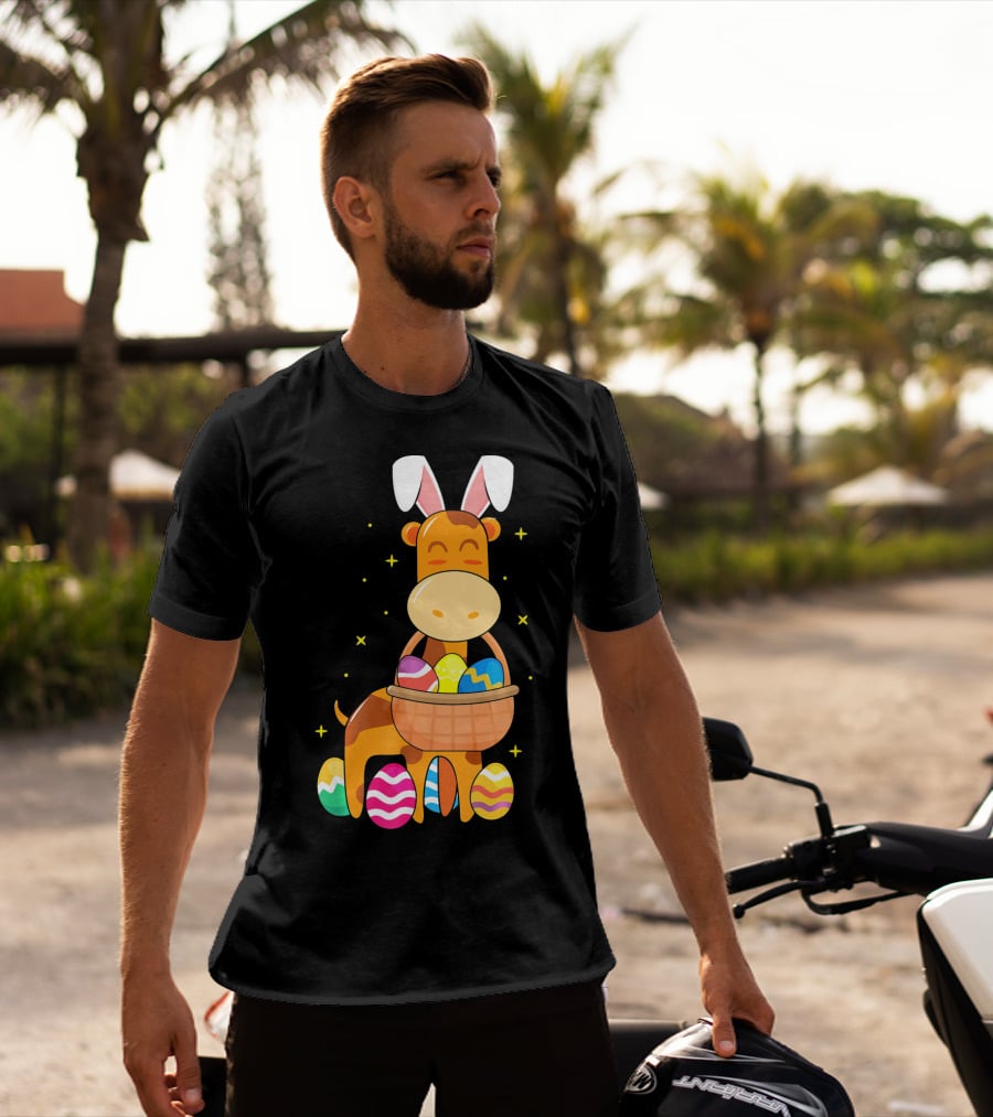 Giraffe Easter Egg Bunny Holding Basket Of Colorful Eggs And Wearing Bunny Ears T-Shirt