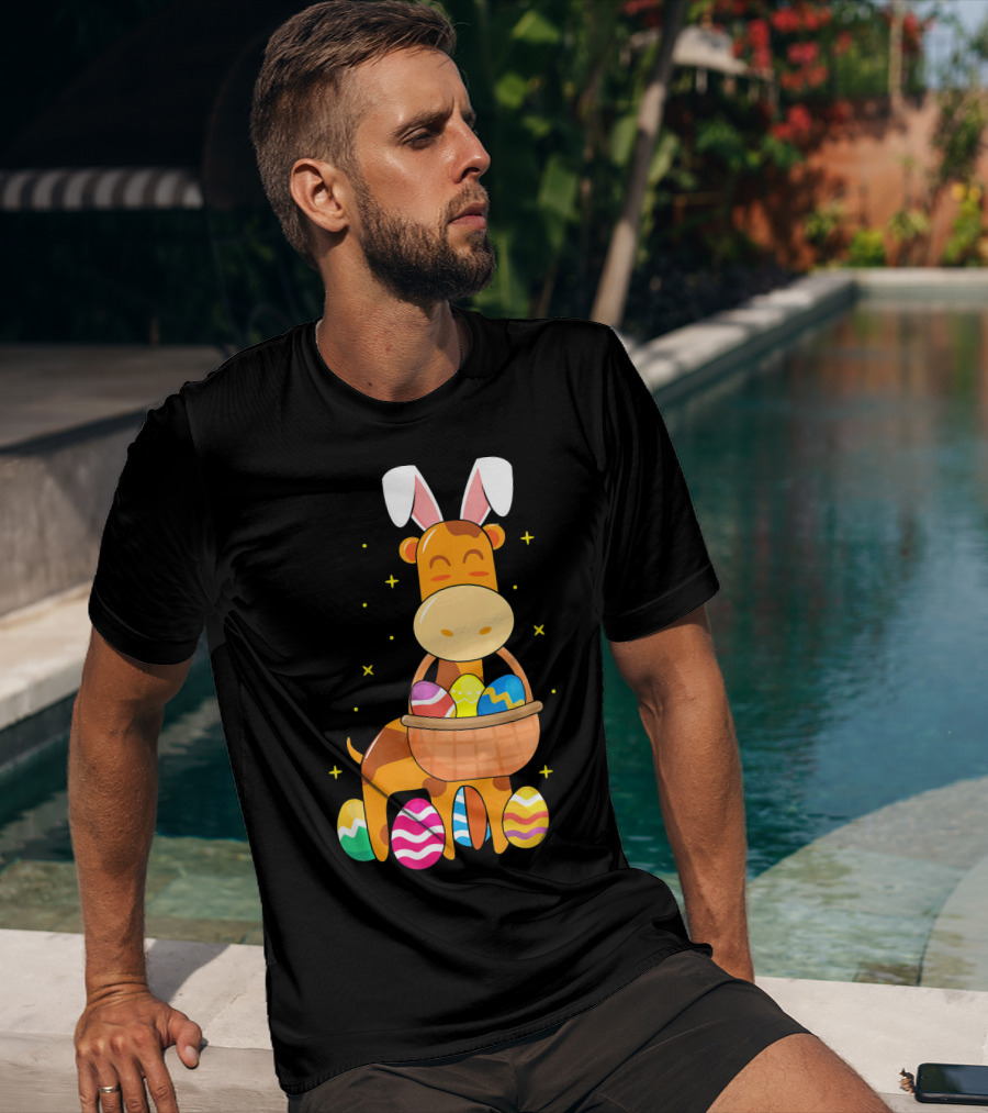 Giraffe Easter Egg Bunny Holding Basket Of Colorful Eggs And Wearing Bunny Ears T-Shirt