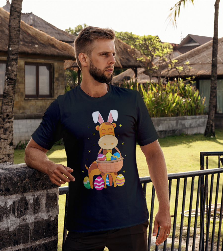 Giraffe Easter Egg Bunny Holding Basket Of Colorful Eggs And Wearing Bunny Ears T-Shirt