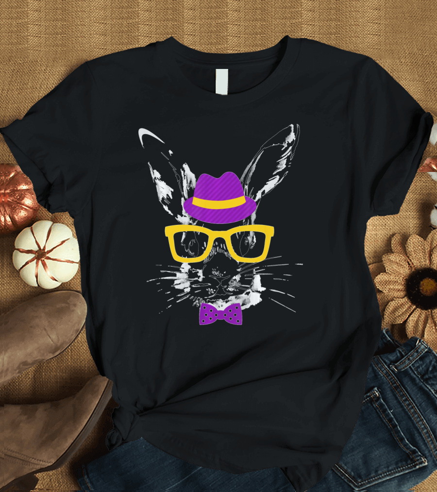 Easter Rabbit Watercolor Artwork Easter Bunny with Hat Glasses and Bow Tie T-Shirt