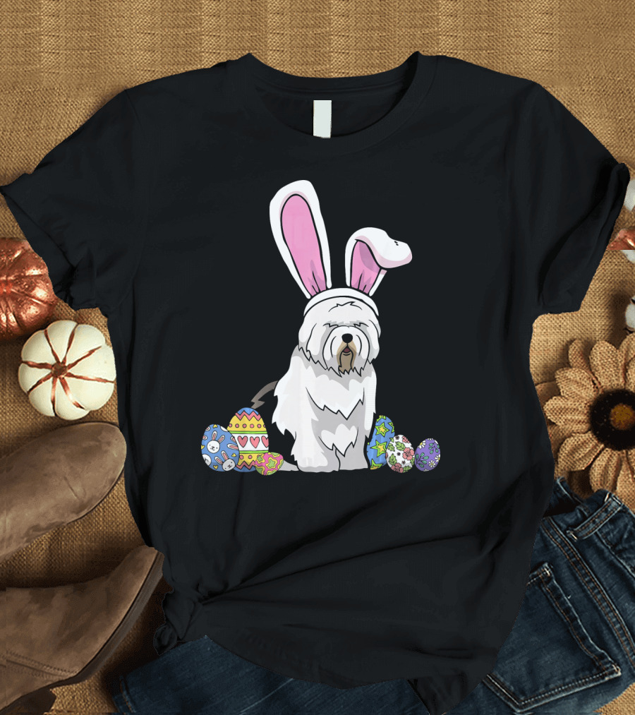 Old English Sheepdog Dressed as Easter Bunny with Colorful Eggs T-Shirt