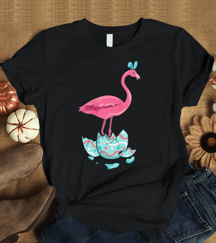 Funny Pink Flamingo on Easter Egg Bun with Bow T-Shirt