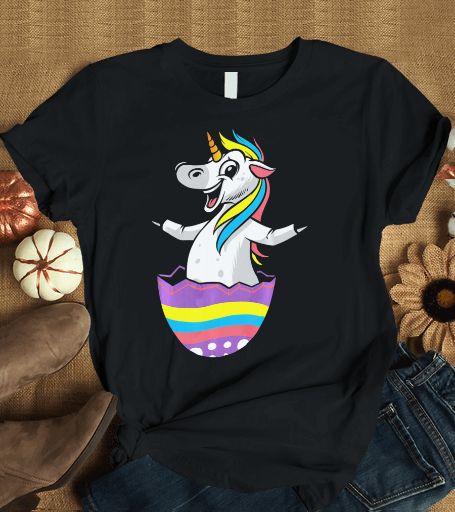 Easter Unicorn in Colorful Striped Egg T-Shirt