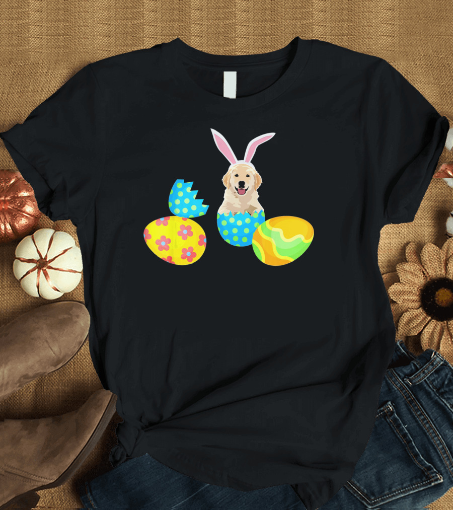 Labrador in Easter Eggs with Bunny Ears and Colorful T-Shirt