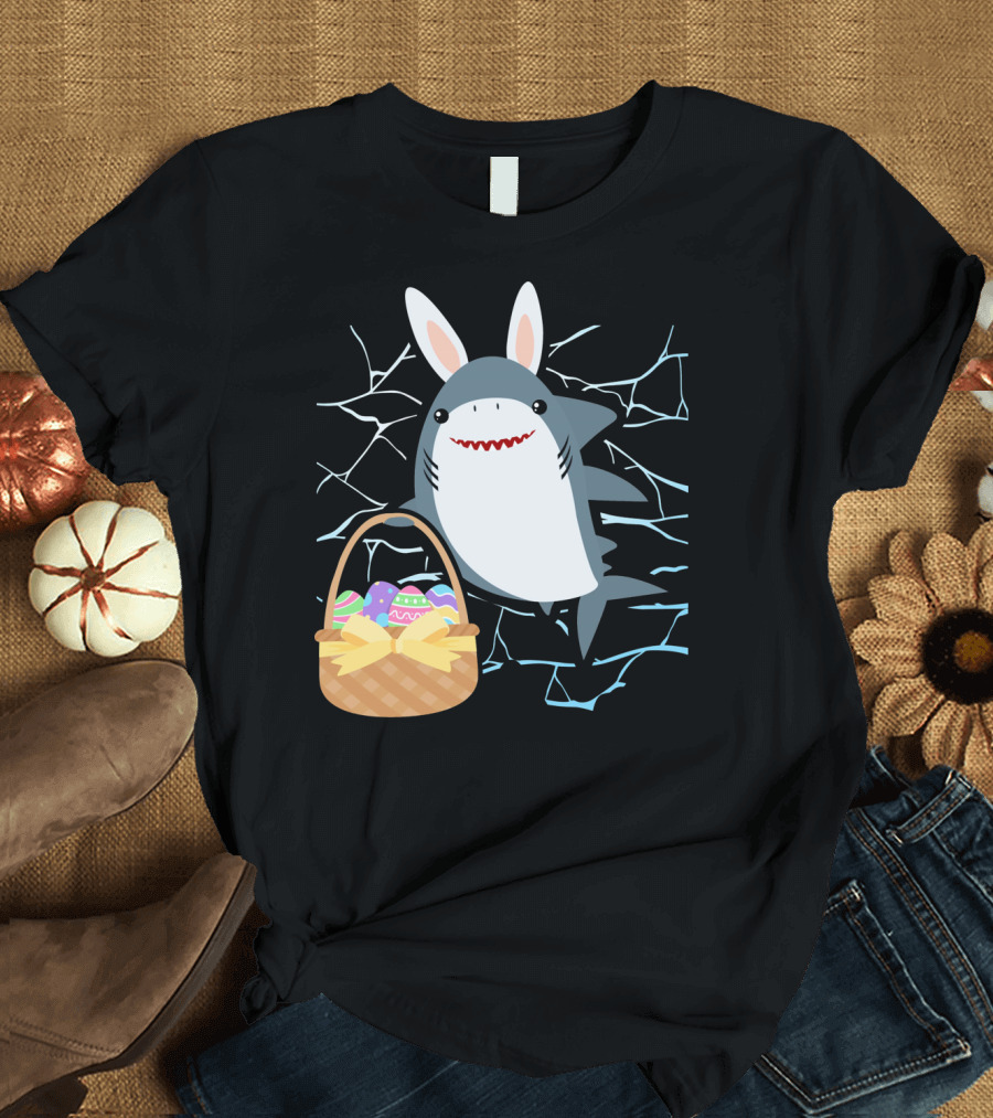 Easter Bunny Shark with Basket of Eggs and Funny Expression T-Shirt