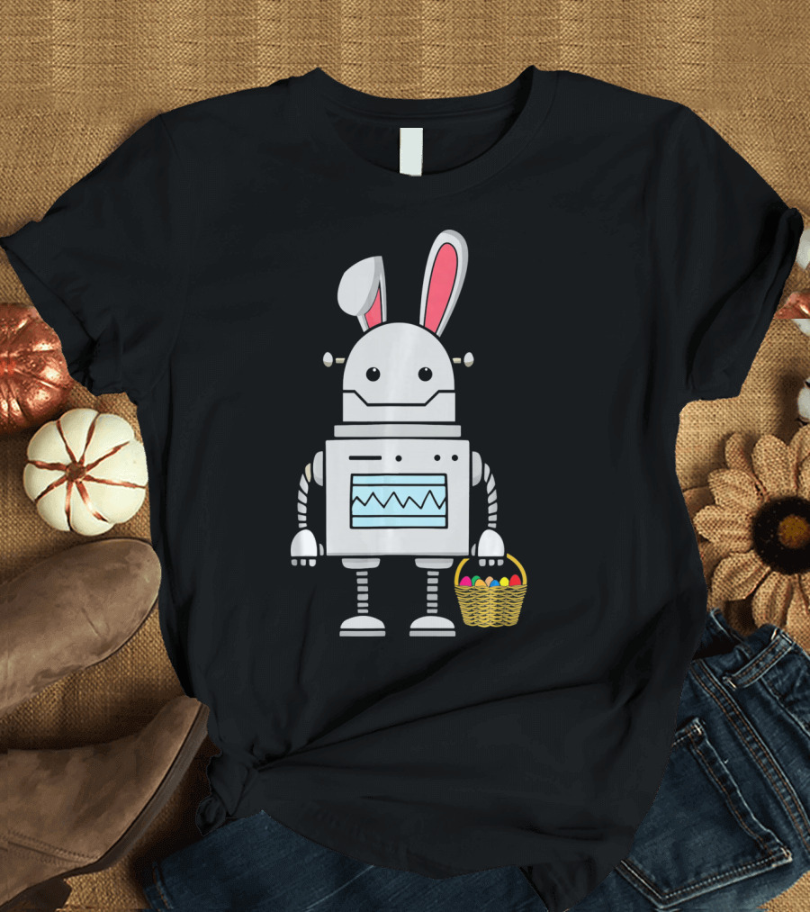 Cute Easter Robot Bunny with Basket of Colorful Eggs T-Shirt