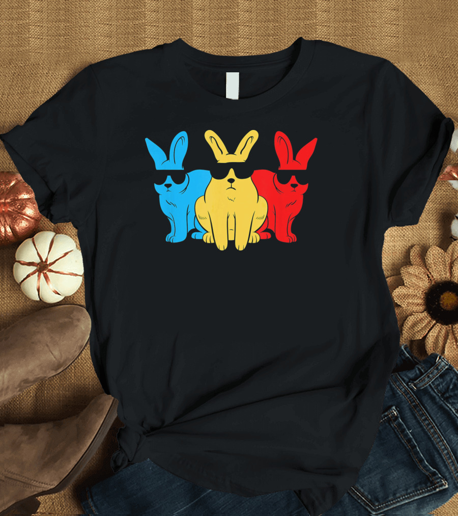 Hip Trio Bunnies Shades Funny Hipster Blue Yellow Red T-Shirt