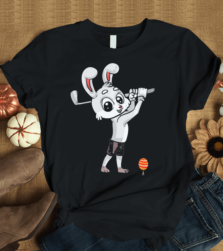 Funny Easter Bunny Playing Golf with Striped Egg T-Shirt