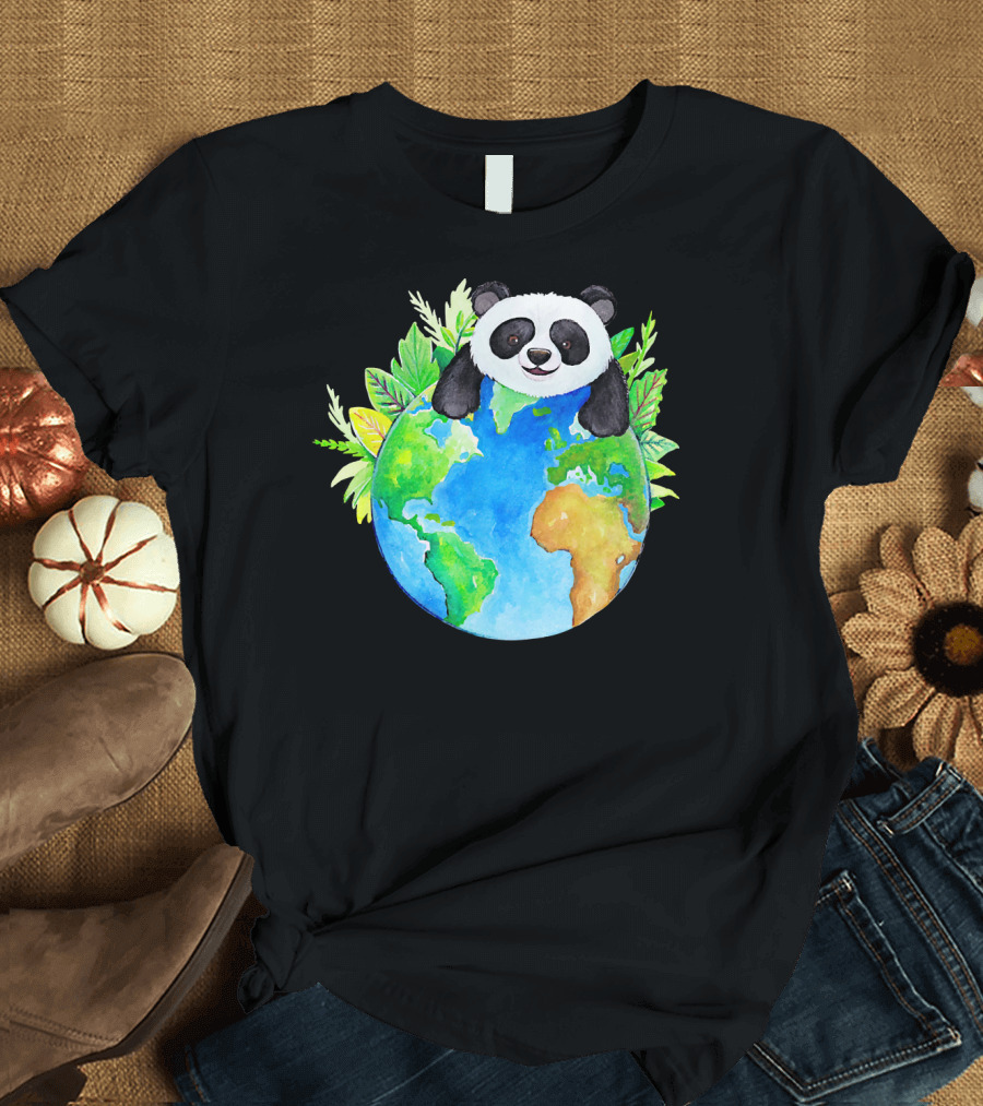 Cute Earth Panda Bear with Green Foliage T-Shirt