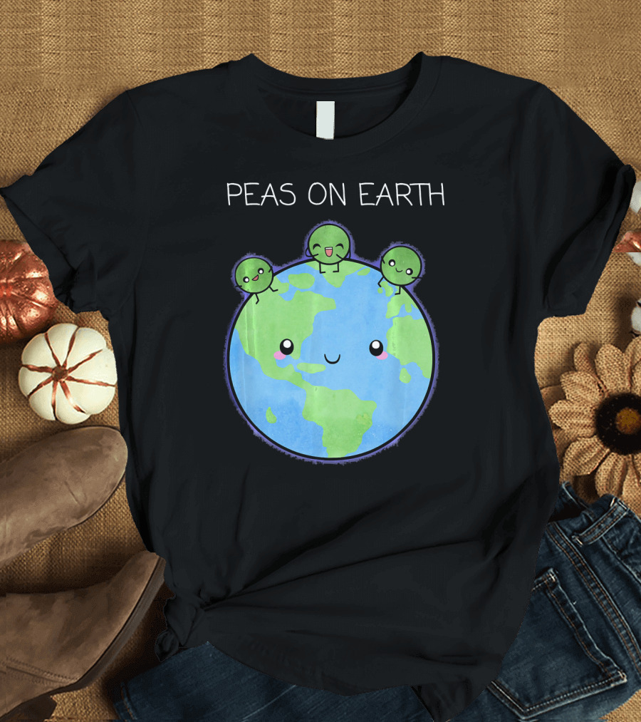 Peas on Earth Cute Cartoon Planet with Happy Faces T-Shirt