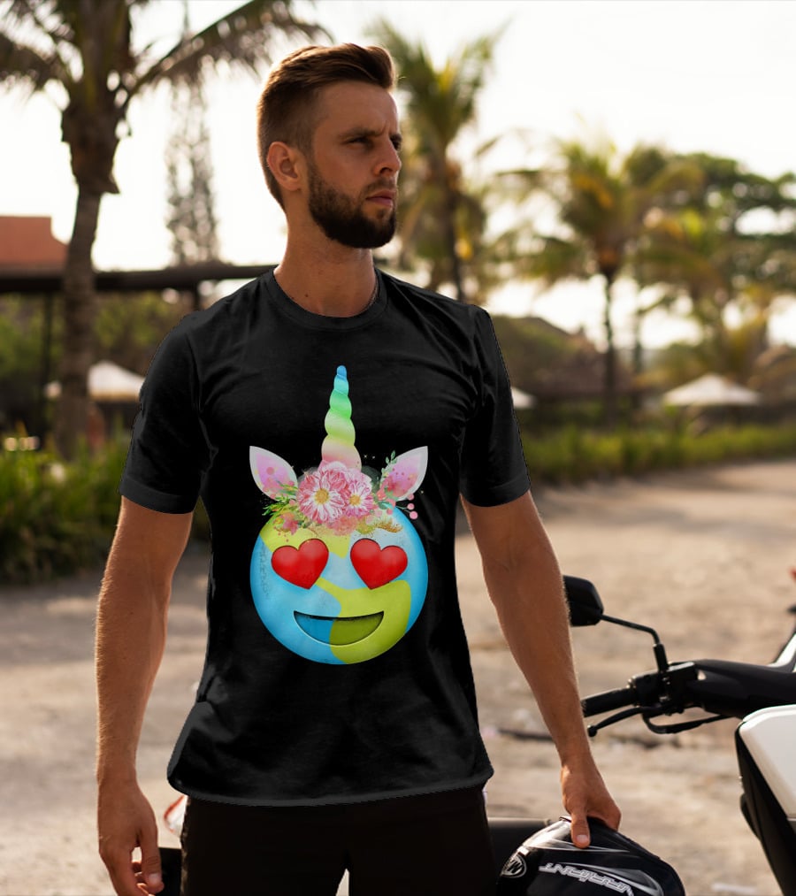 Heart Eyes Unicorn Earth Day Emoji Floral Mane T-Shirt