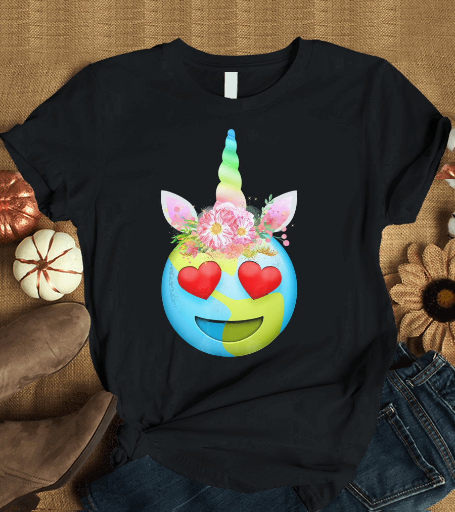 Heart Eyes Unicorn Earth Day Emoji Floral Mane T-Shirt
