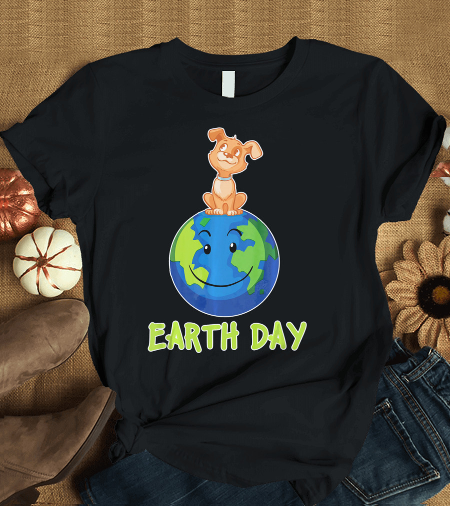 Earth Day Dog on Smiling Planet Earth T-Shirt