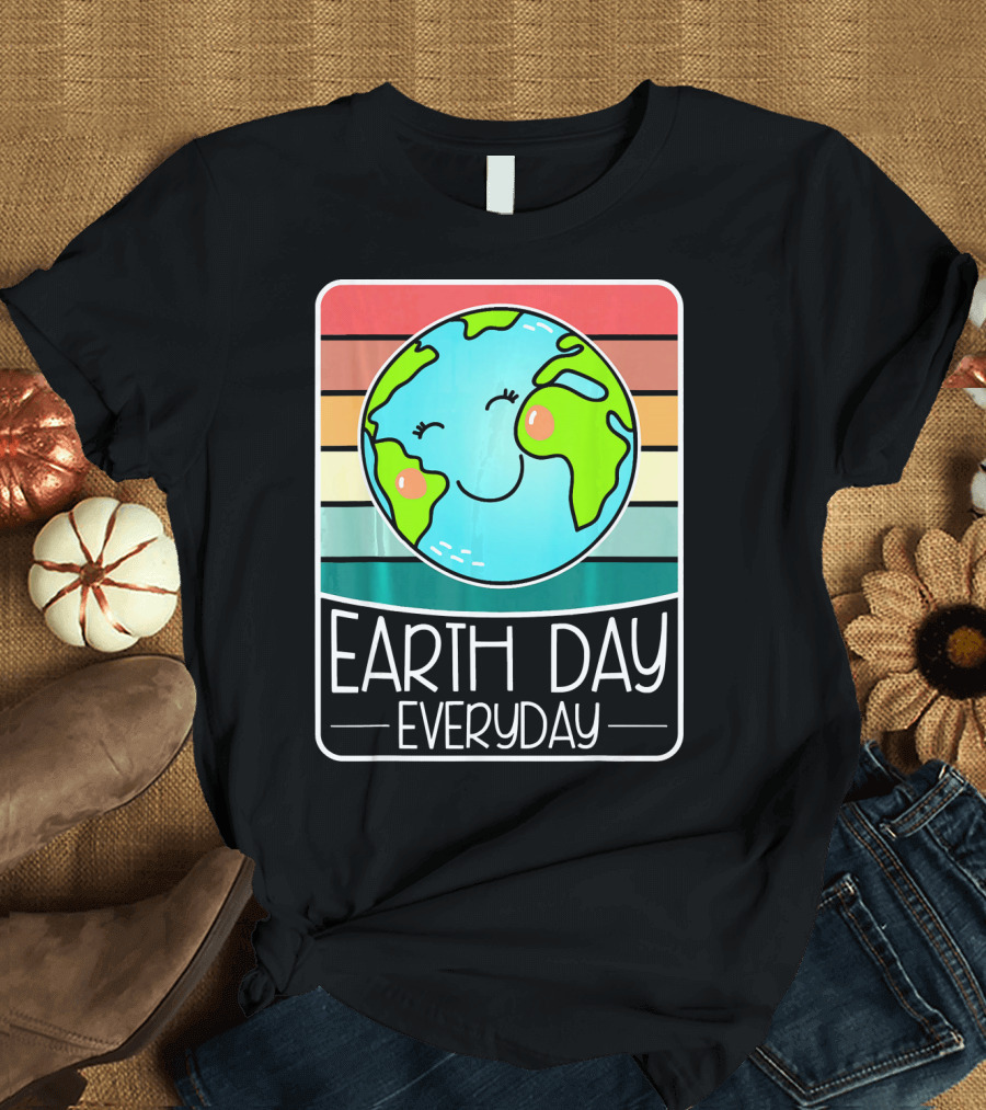 Earth Day Everyday Smiling Earth on Retro Stripes T-Shirt