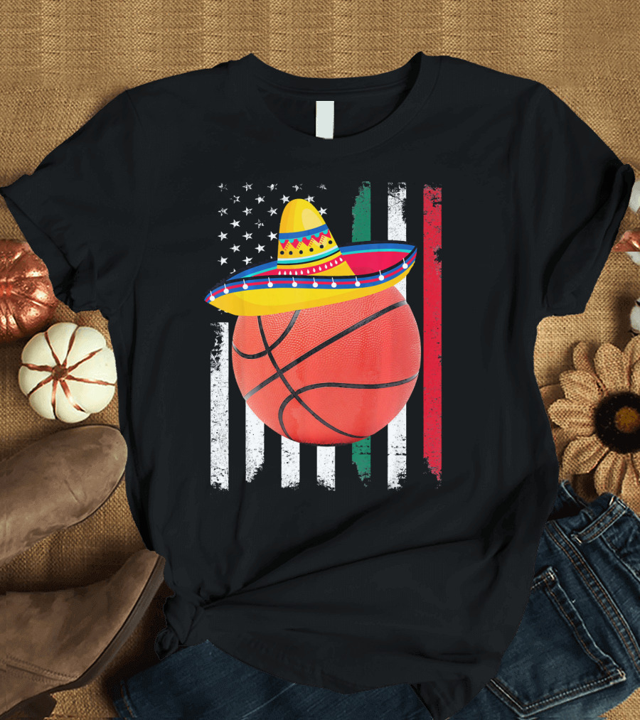 Cinco De Mayo Basketball Sombrero USA Mexico Flag T-Shirt