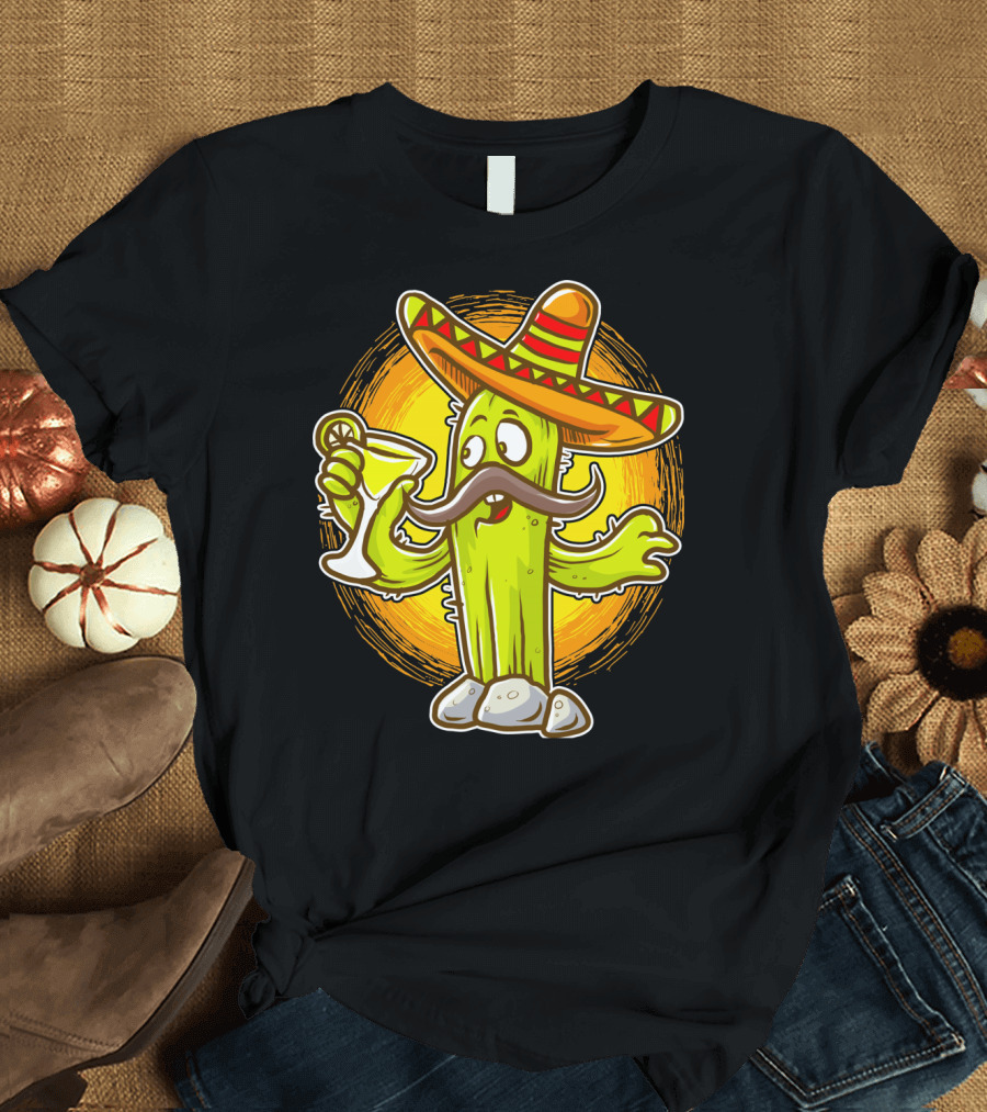Funny Margarita Cactus Cinco de Mayo Sombrero Mustache Fiesta T-Shirt