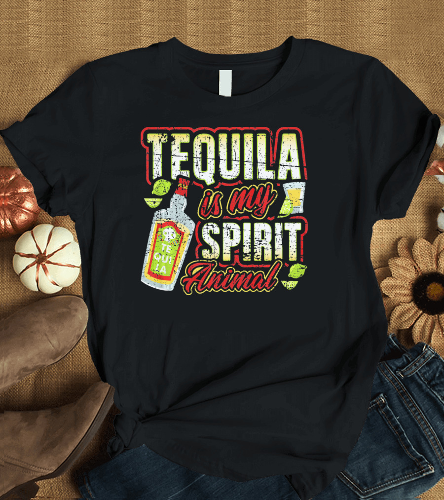 Tequila Is My Spirit Animal Tequila Bottle Lime and Glass T-Shirt