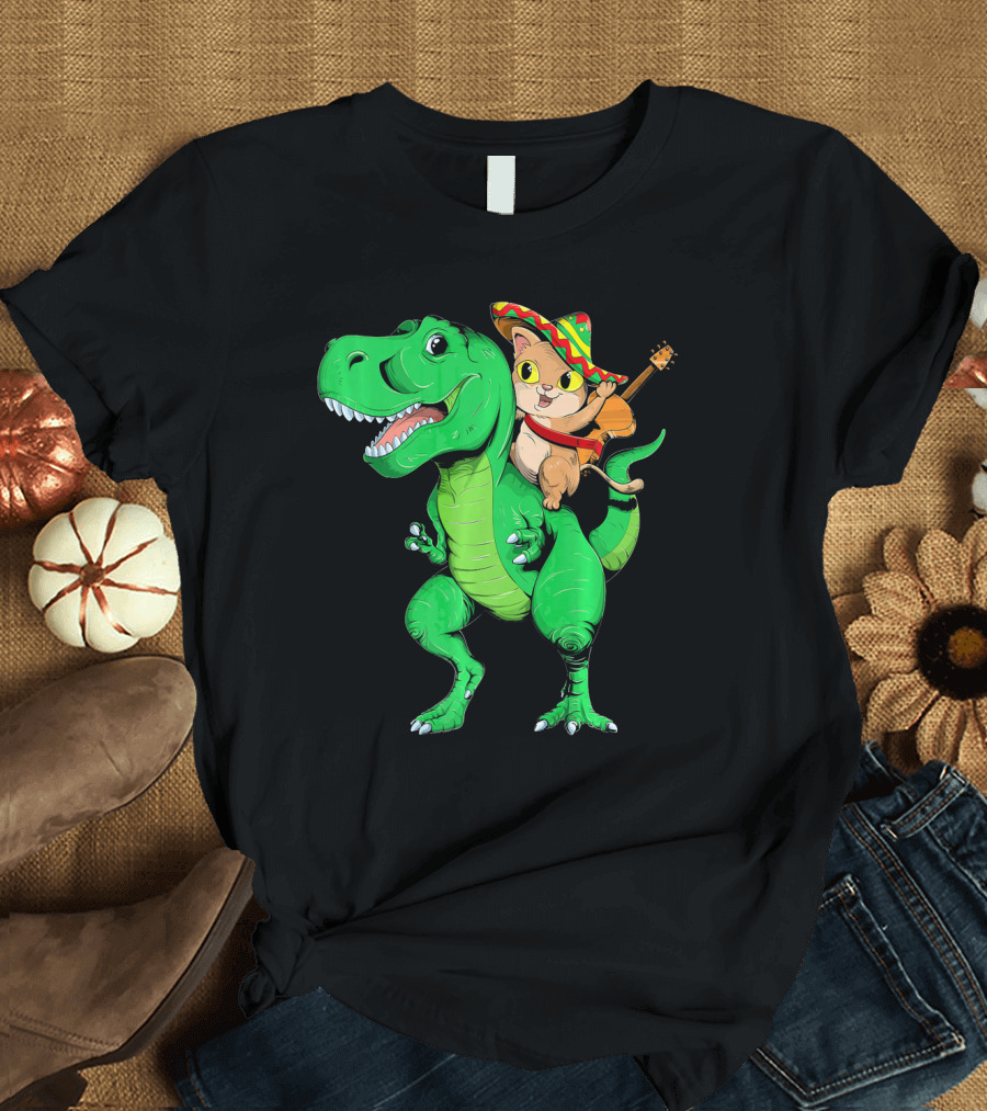 Cinco de Mayo Cat with Sombrero Riding T-Rex T-Shirt