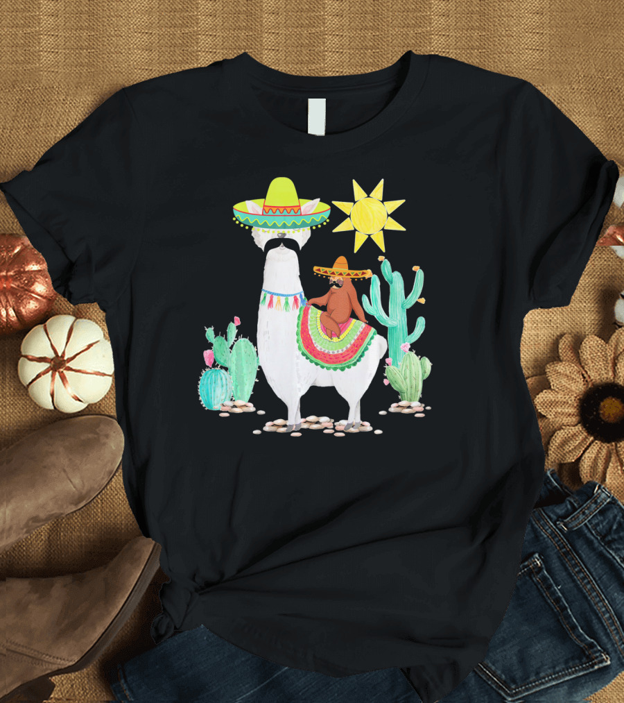 Funny Cinco De Mayo Sloth Riding Llama with Sombrero and Cactus Scene T-Shirt
