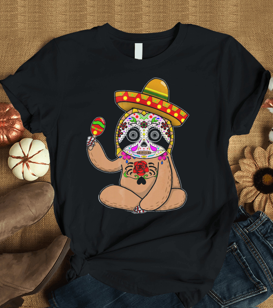 Cinco De Mayo Sloth Day of the Dead Sombrero Maracas T-Shirt