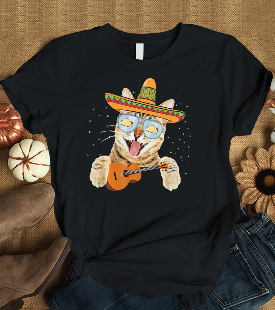 Cinco De Mayo Cat with Sombrero and Guitar T-Shirt