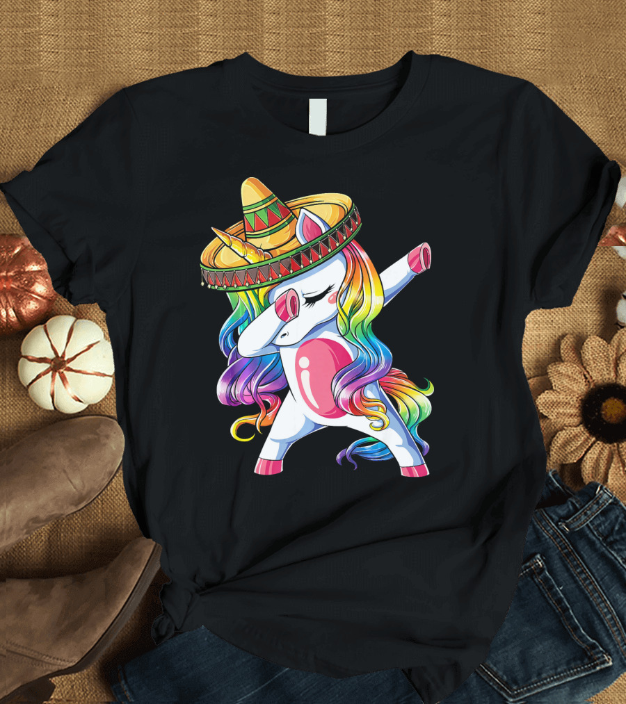 Dabbing Rainbow Unicorn with Sombrero Funny Cinco de Mayo T-Shirt
