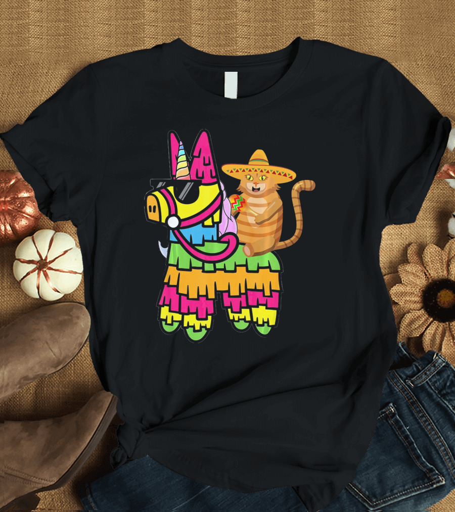 Cinco de Mayo Sombrero Cat on Colorful Pinata with Unicorn and Sunglasses T-Shirt
