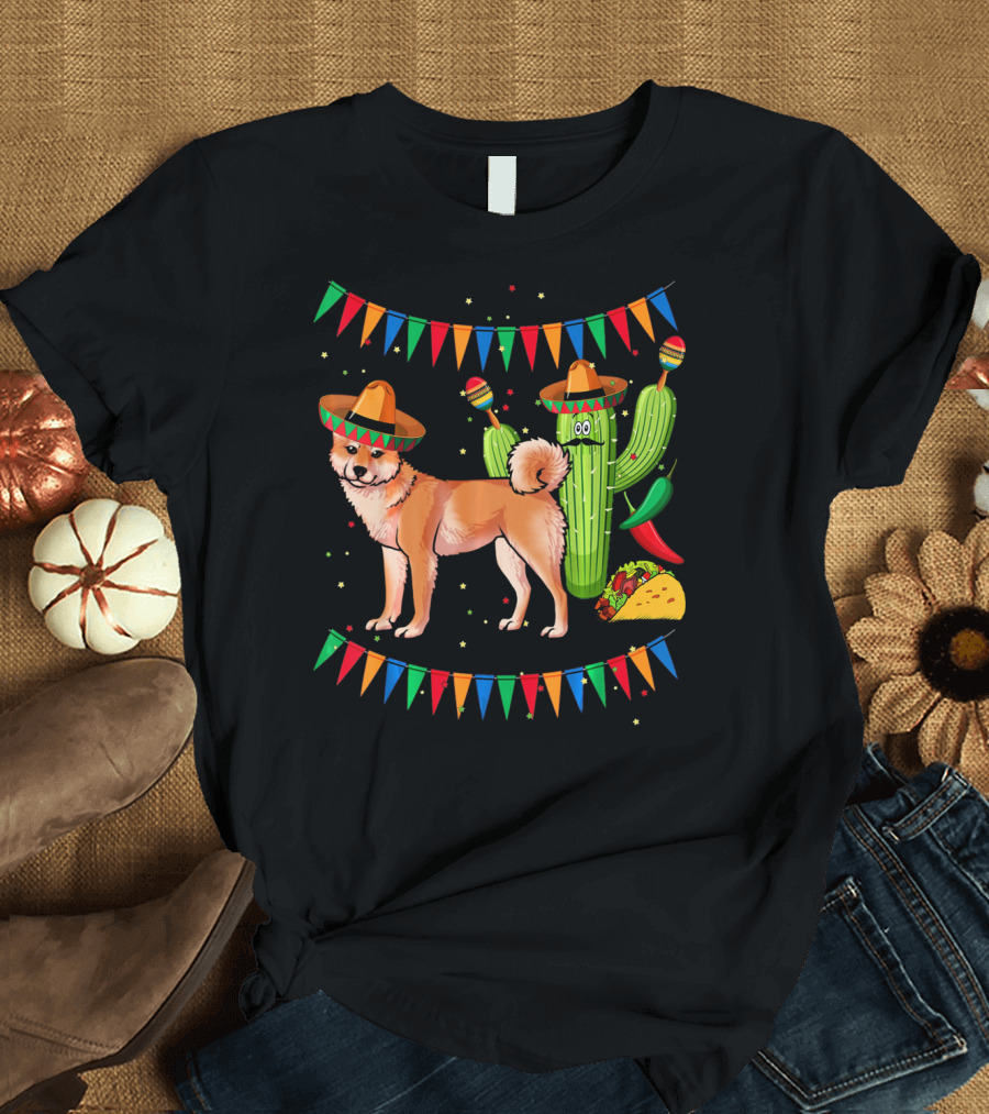 Sombrero Shiba Inu Dog Mexico Cinco De Mayo Celebration with Cactus and Taco T-Shirt
