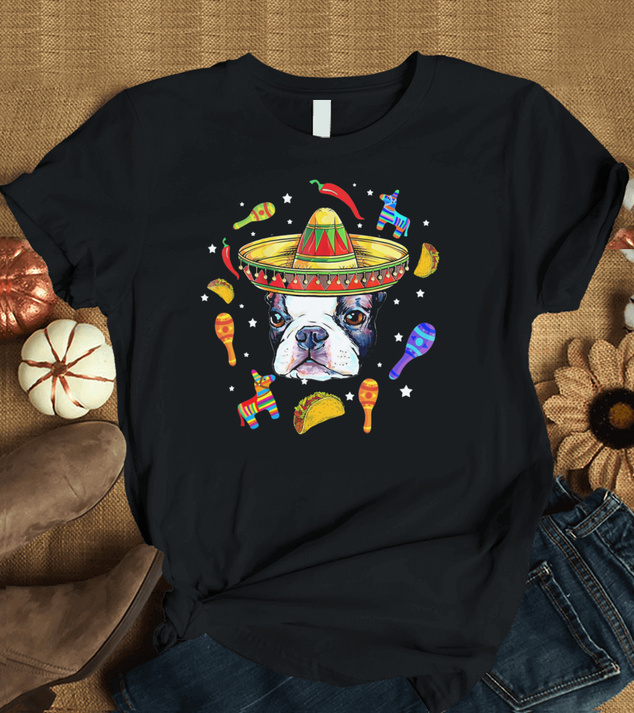Cinco de Mayo Boston Terrier Sombrero Taco Fiesta T-Shirt