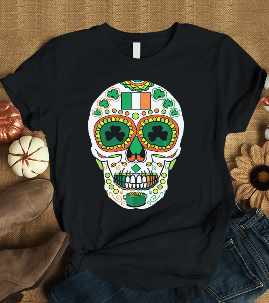 St Paddys Day Irish Flag Shamrock Sugar Skull Cinco De T-Shirt