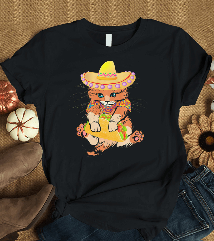 Cinco De Mayo Funny Cat in Sombrero Holding Taco T-Shirt