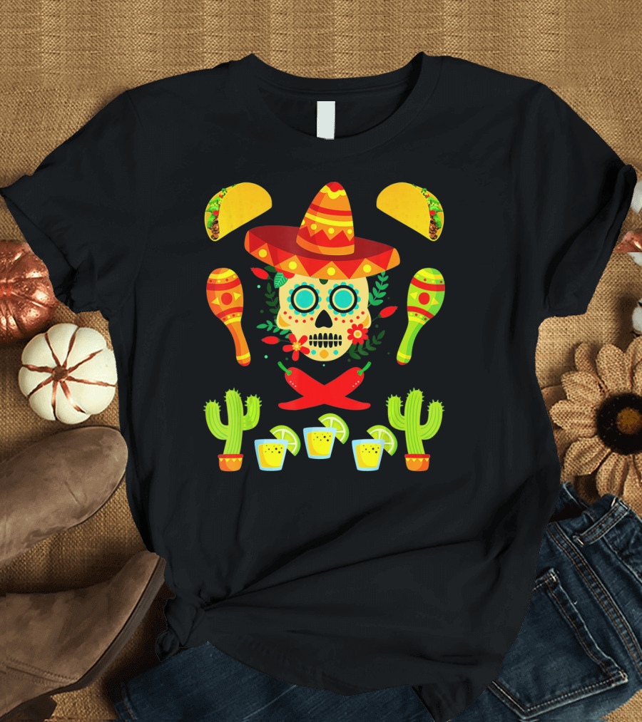 Festive Cinco De Mayo Sombrero Skull with Tacos and Maracas T-Shirt