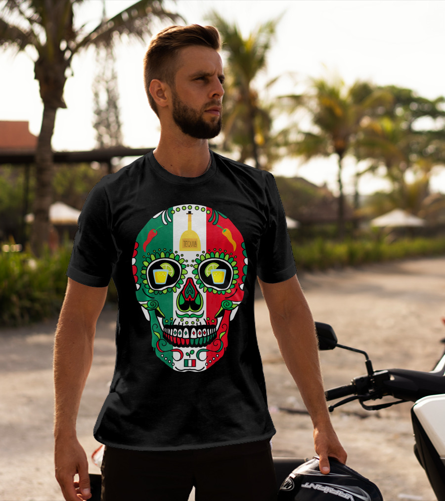 Mexican Cinco De Mayo Tequila Skull With Flag Colors And Chili Peppers T-Shirt