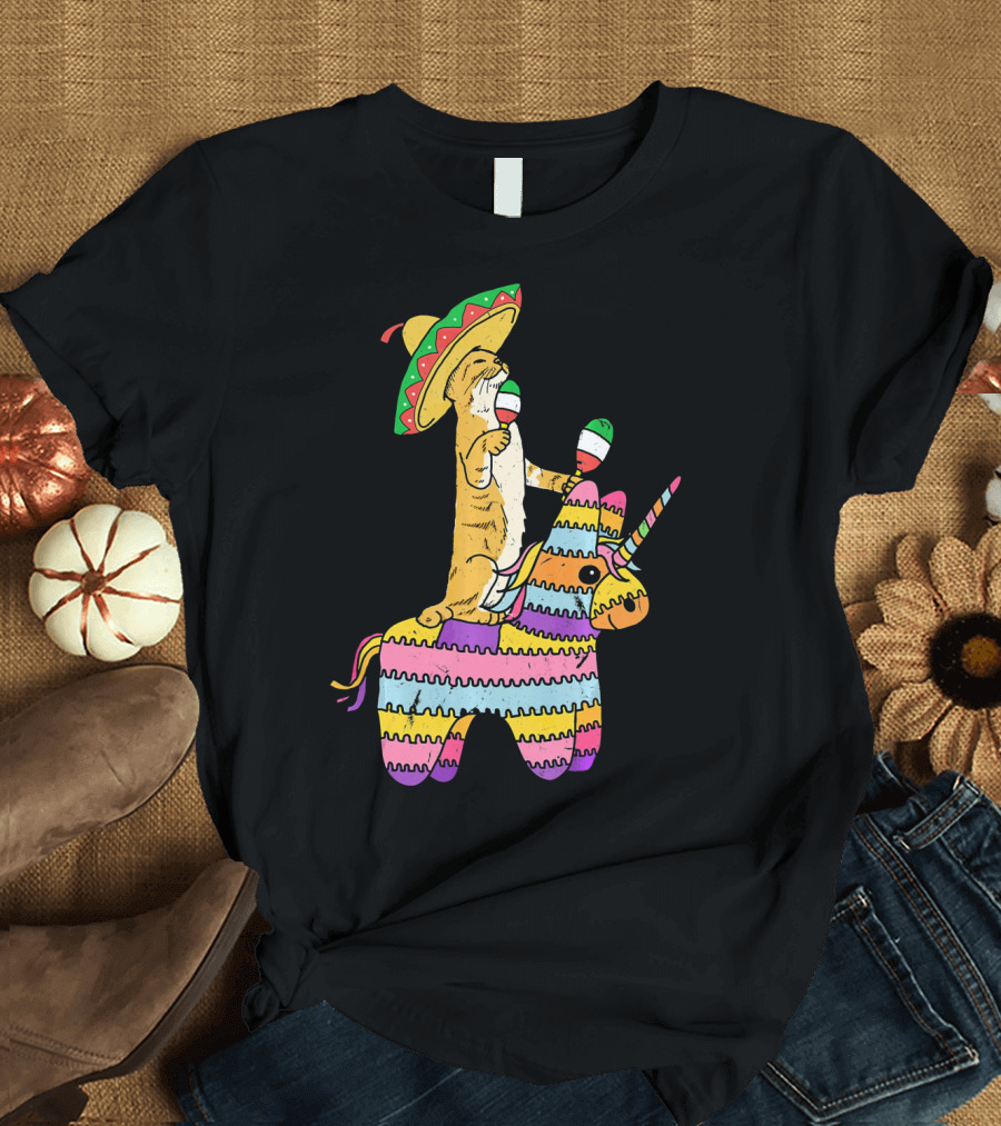Cinco de Meow Cat Riding Colorful Unicorn Pinata with Sombrero and Maracas T-Shirt