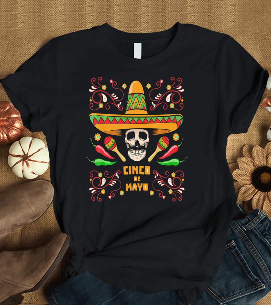 Cinco De Mayo Skull with Sombrero Maracas and Peppers T-Shirt