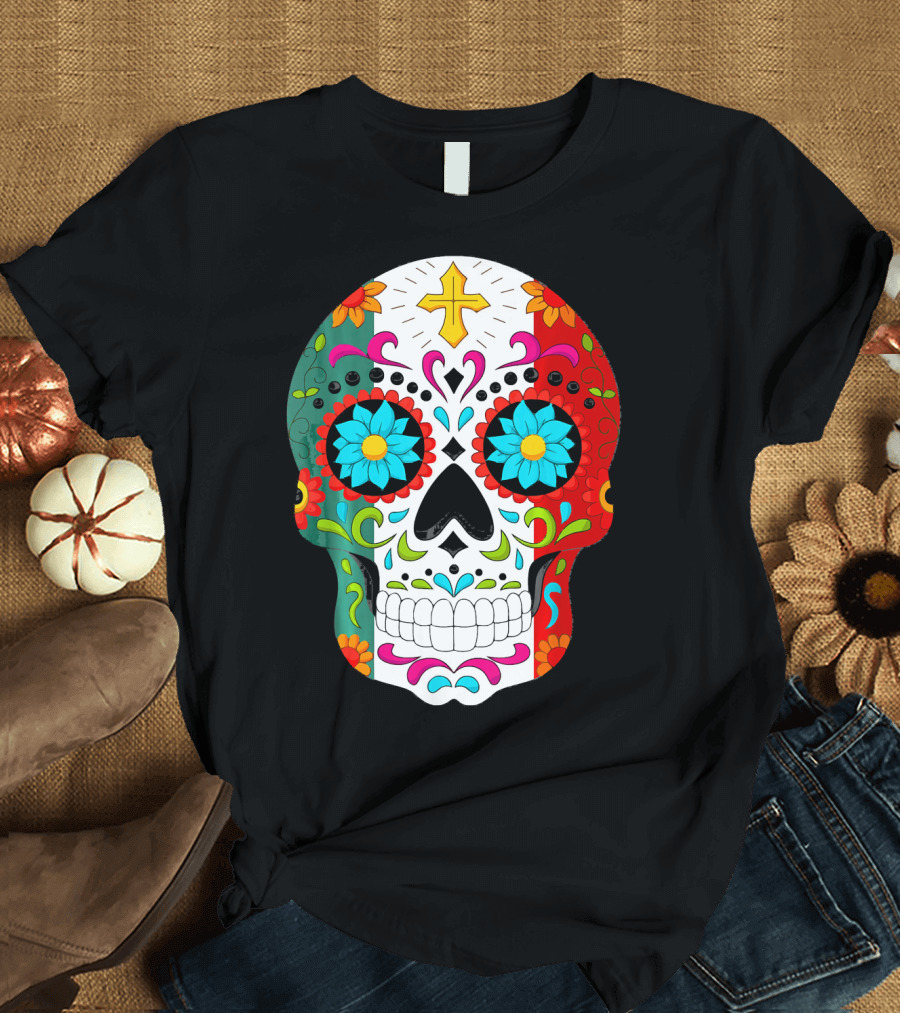 Day of the Dead Sugar Skull Cinco de Mayo Mexican Flag Colors T-Shirt