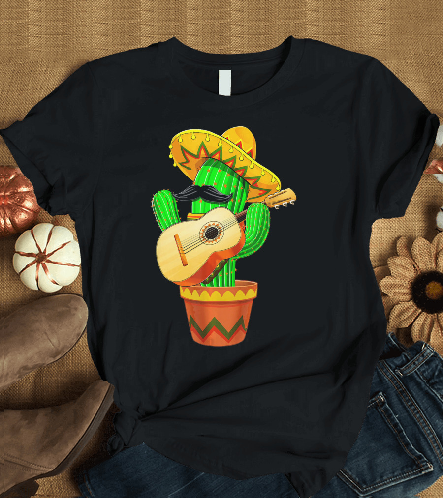Cinco de Mayo Cactus with Sombrero and Guitar T-Shirt